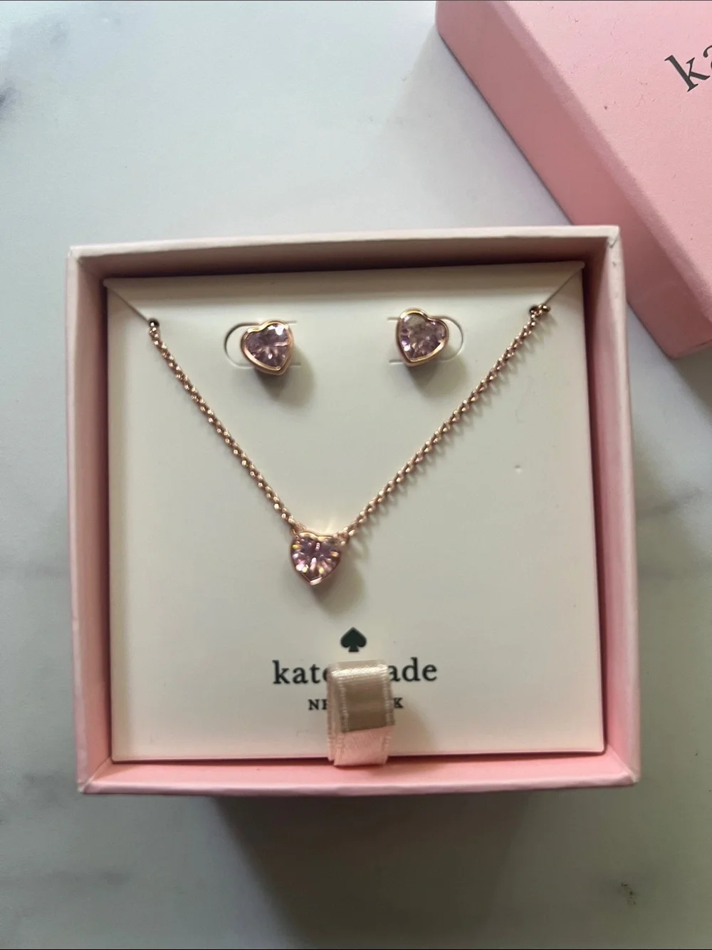 kate spade Rose Gold Heart Necklace and Stud Set with lilac Crystals